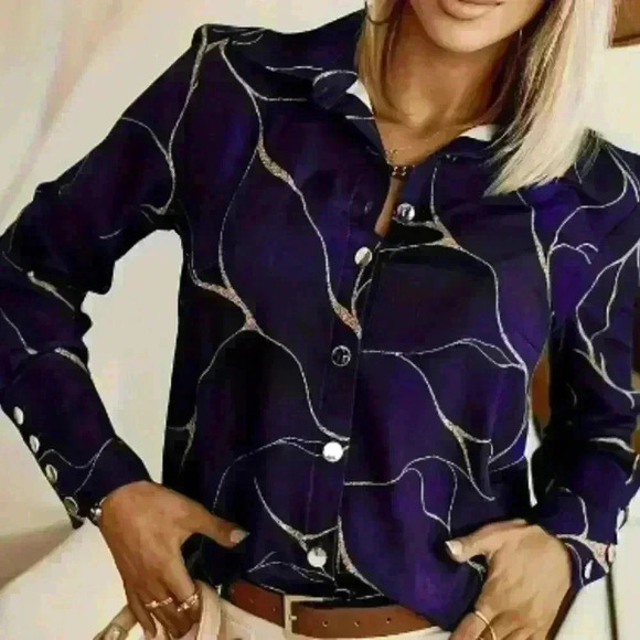 Long Sleeve Button-Down Blouse | Geometric Print | Deep Purple Size XXL/14 - Picture 6 of 7